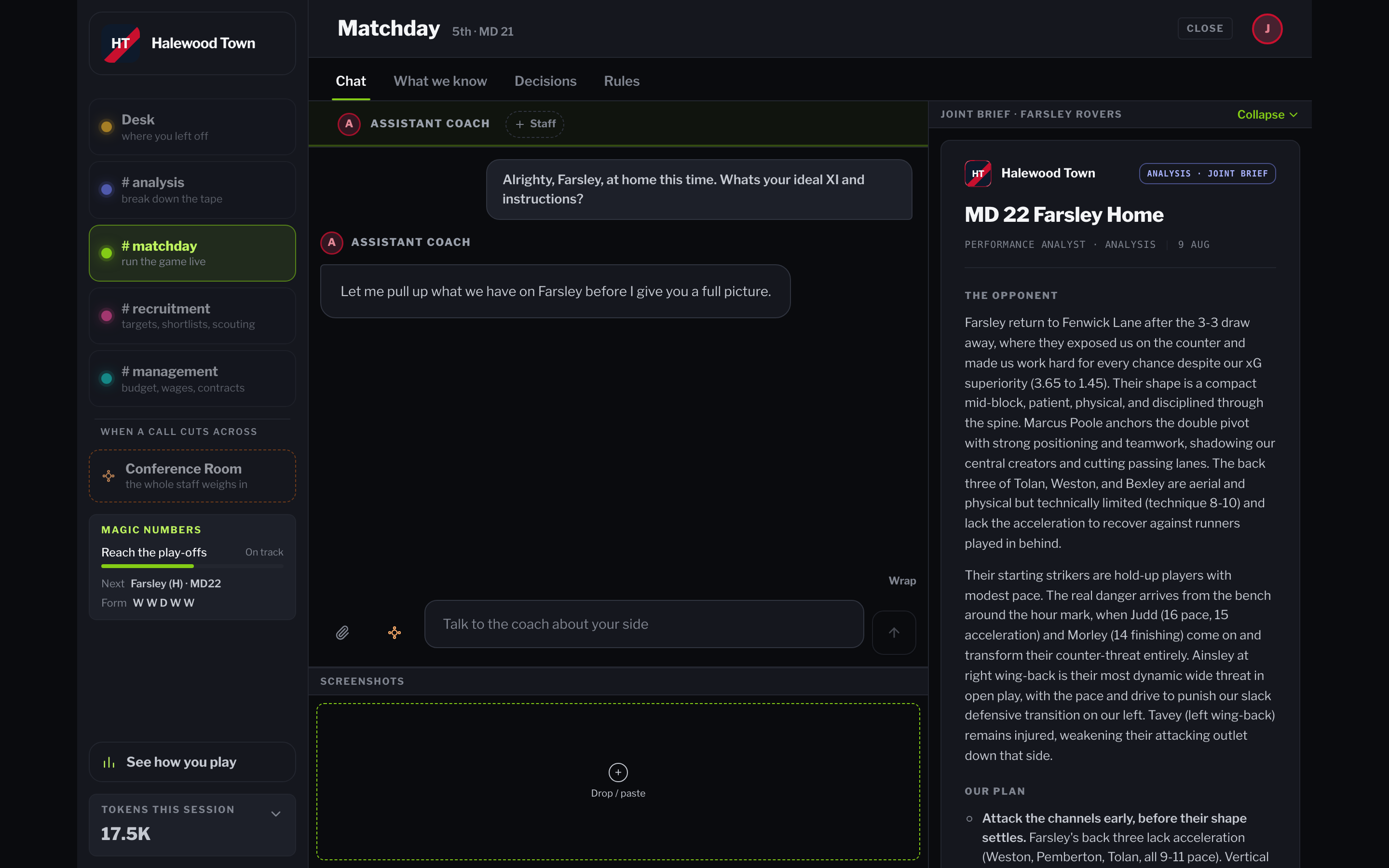 The Matchday channel before kickoff: the manager asks for an ideal XI, and the Joint Brief written earlier in Analysis is already open beside the conversation.